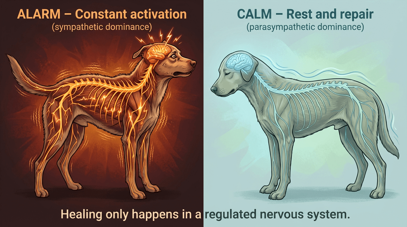 Viser nervesystemet i alarmberedskab vs nervesystemet i roligt parasympatisk tilstand.