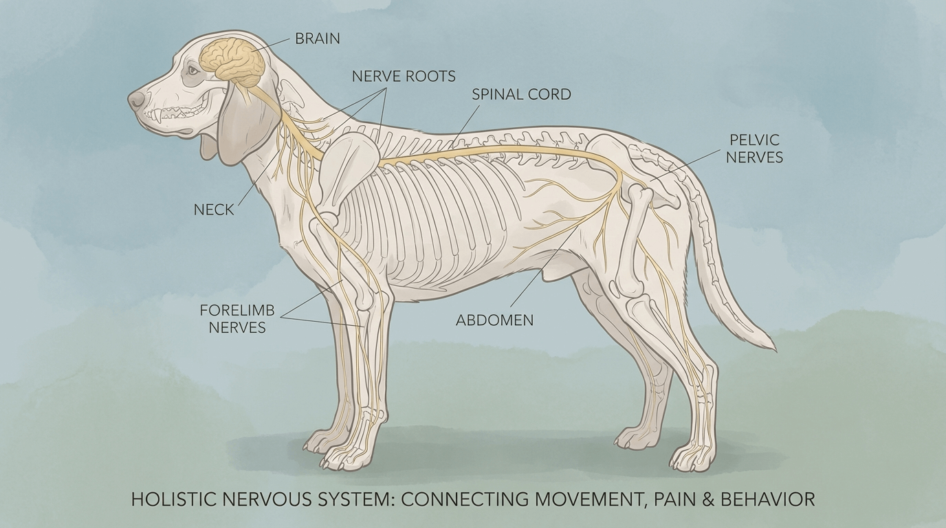 Her ses hundens nervesystem skitseret. Centralnervesystemet (CNS) i form af hjernen og rygmarven, samt det perifere nervesystem (PNS) i form af alle de nerver der udgår fra rygmarven og hjernen.