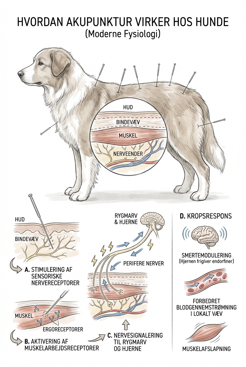 En illustration, der viser, hvordan akupunktur fungerer på hunde, med detaljer om hudlag og nerve-stimulering.