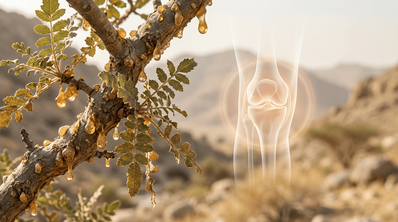 Et billede, der kombinerer natur og medicinsk illustration. Til venstre ses en gren fra et Boswellia-træ med gyldne harpiksdråber og grønne blade, sat mod en sløret baggrund af et tørt landskab. Til højre er en semi-transparent anatomisk illustration af et menneskeligt knæled, der fremhæver knogler og led med varme, lysende farver. Billedet symboliserer forbindelsen mellem naturlig harpiks og dens potentielle sundhedsmæssige fordele for led.